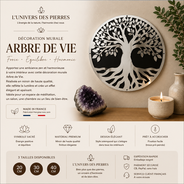 Décoration murale en miroir Arbre de Vie, décoration symbolique pour intérieur zen