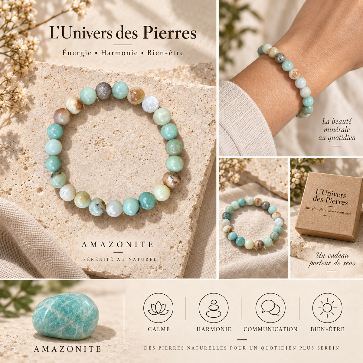 Bracelet en pierre naturelle Amazonite aux nuances bleu vert et crème