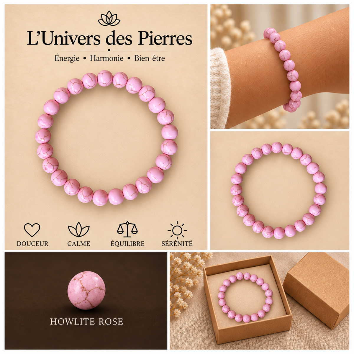 Présentation complète du bracelet Howlite rose