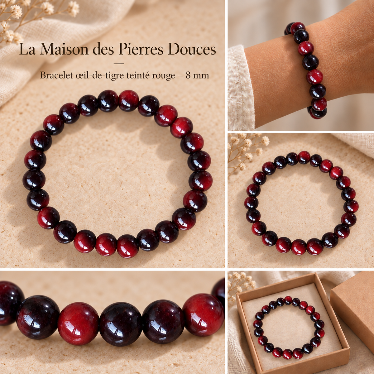 Bracelet œil-de-tigre teinté rouge – 8 mm