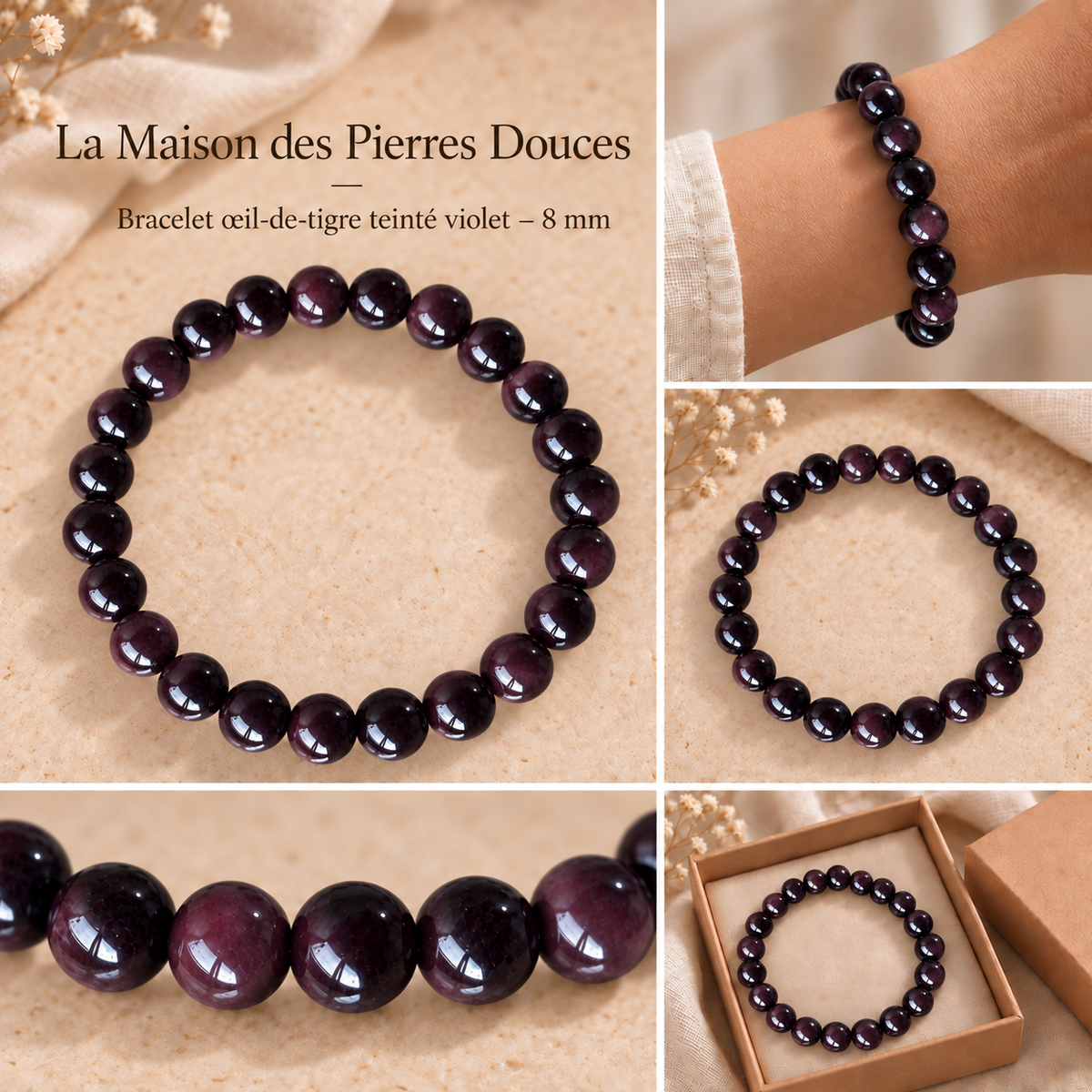 Bracelet œil-de-tigre teinté violet – 8 mm