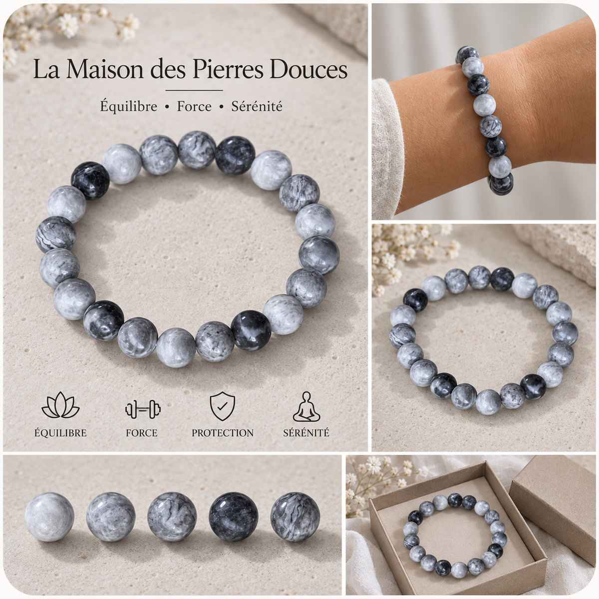 Bracelet Jaspe Picasso naturel 8 mm — équilibre et créativité