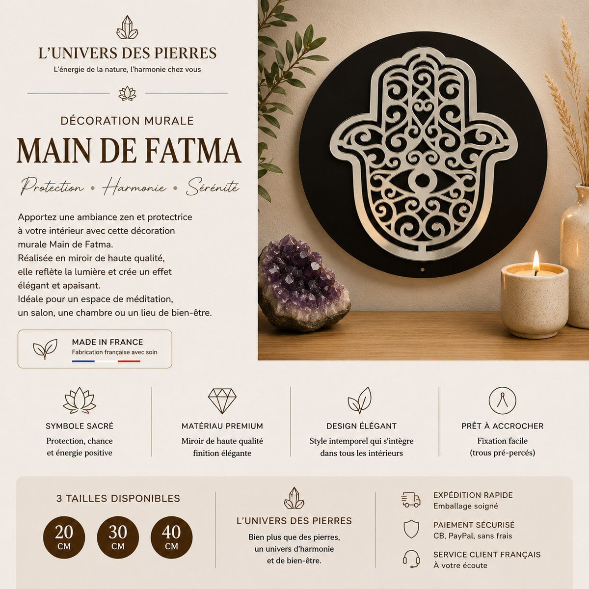 Décoration murale en miroir Main de Fatma, décoration symbolique de protection