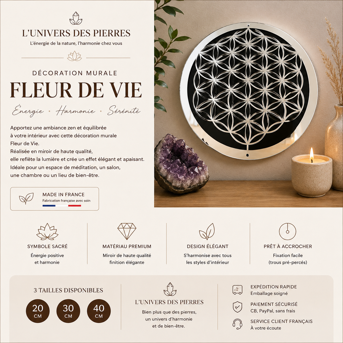 Décoration murale en miroir Fleur de Vie, décoration symbolique pour intérieur zen