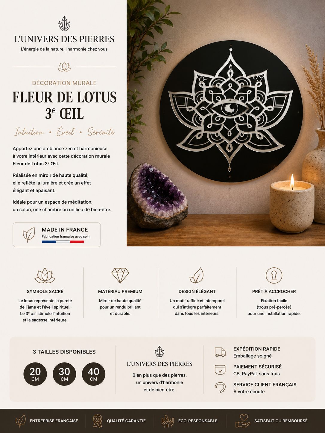 Décoration murale en miroir Fleur de Lotus troisième œil, décoration symbolique pour la méditation