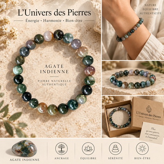 Bracelet en pierre naturelle Agate indienne aux nuances vertes et mauves