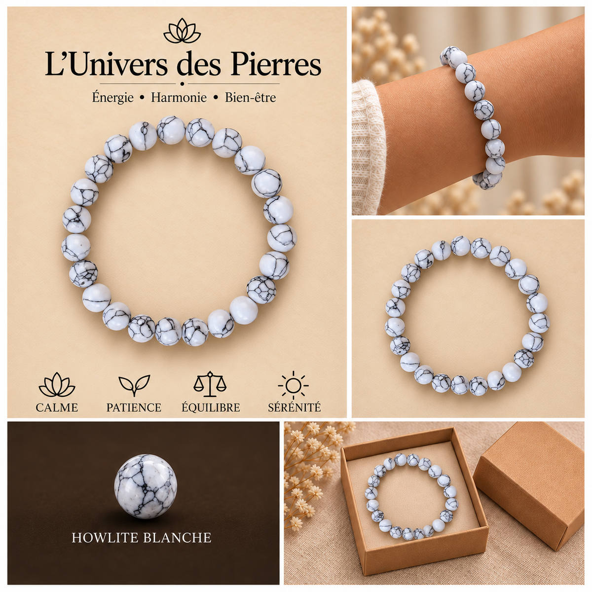 Présentation complète du bracelet Howlite blanche