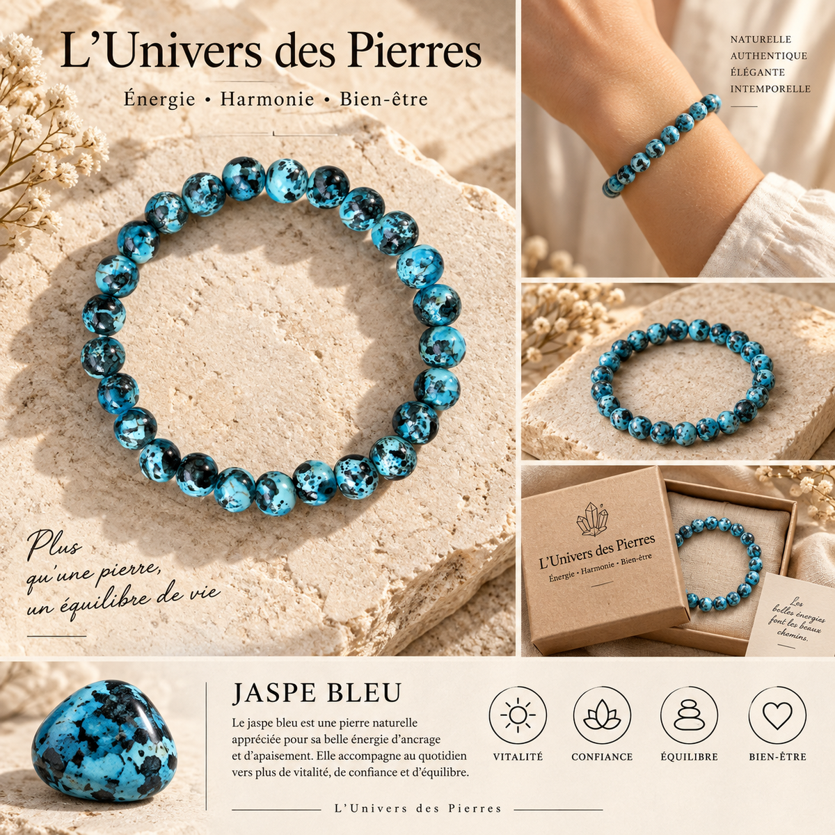 Bracelet en pierre naturelle Jaspe bleu turquoise aux marbrures noires