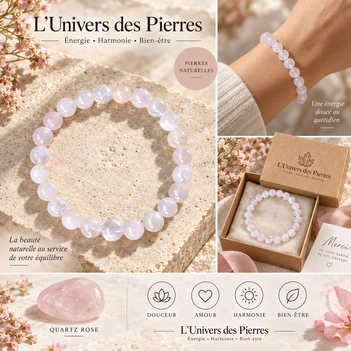 Bracelet Quartz rose en pierre naturelle — douceur et harmonie
