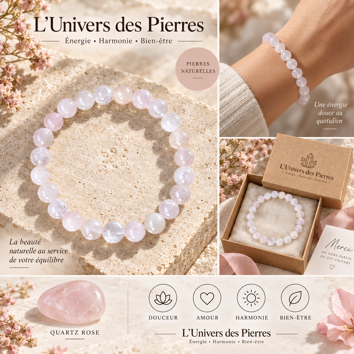 Bracelet en pierre naturelle Quartz rose pâle et translucide