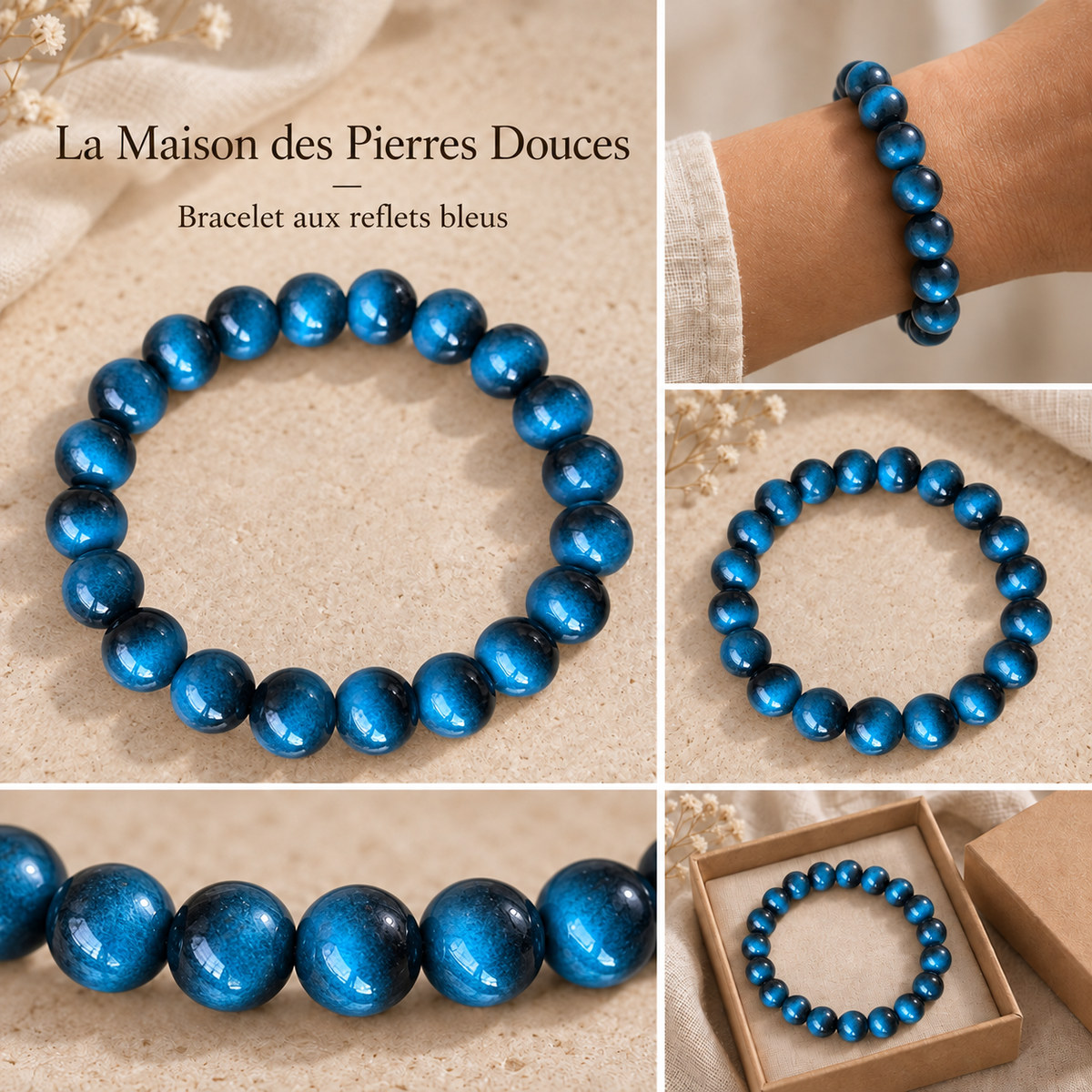Bracelet œil-de-tigre teinté bleu – 8 mm