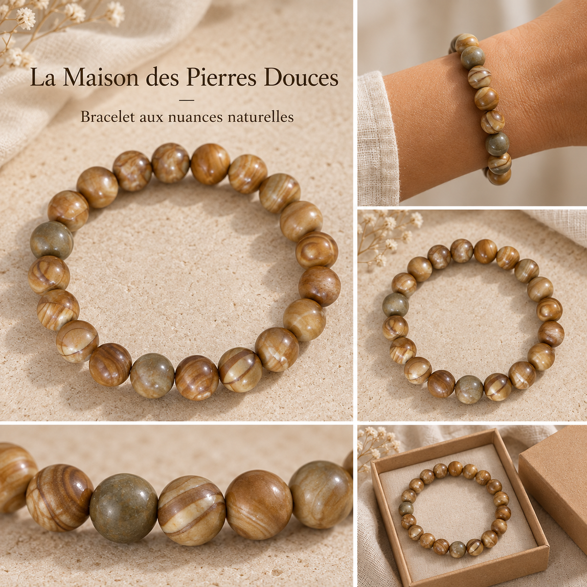 Bracelet perles brunes et beige 8 mm